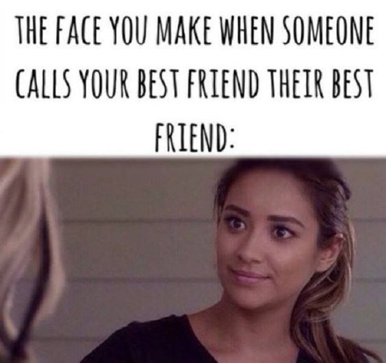 A woman with a skeptical and slightly bewildered expression, used in a meme about best friend jealousy.
