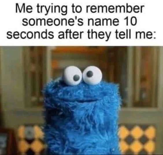 Cookie Monster with wide, innocent eyes, used in a meme about immediately forgetting a person's name.