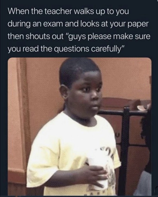 A young boy with a concerned, nervous, and slightly panicked expression, used in a meme about realizing an exam mistake.