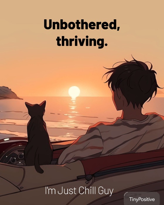 An anime-style illustration of a person with dark hair, seen from behind, sitting in a convertible car with a black cat on the dashboard. They are both looking out at a vibrant orange sunset over the ocean. The text reads 'Unbothered, thriving.' and 'I'm Just Chill Guy' at the bottom.