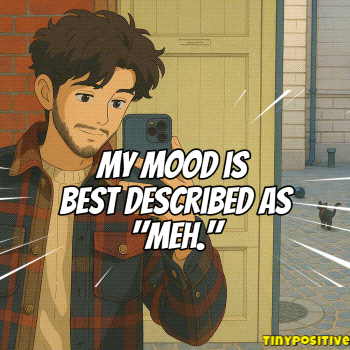 Animated GIF of a person taking a selfie with the text 'MY MOOD IS BEST DESCRIBED AS 'MEH.''