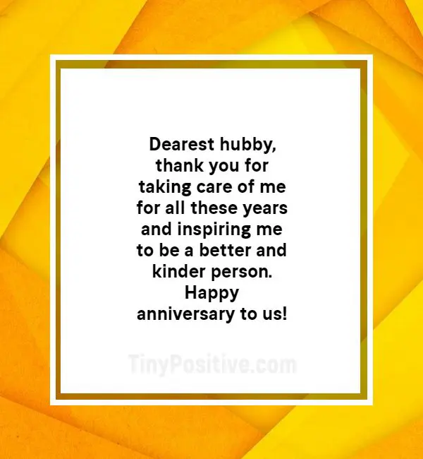 A sincere anniversary card for a husband with a modern yellow geometric background and a central message.