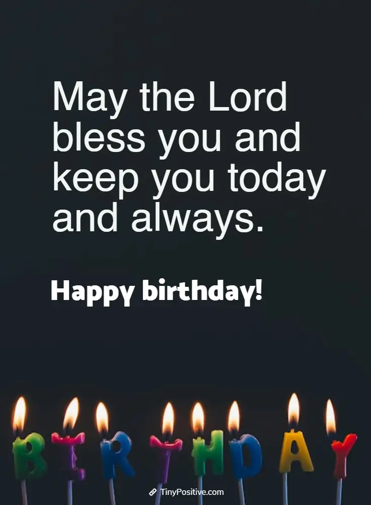 A religious birthday wish with lit colorful birthday candles spelling BIRTHDAY on a dark background.