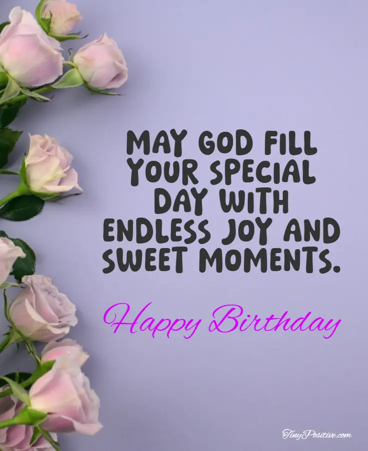 A religious birthday greeting decorated with pink roses on a light purple background.