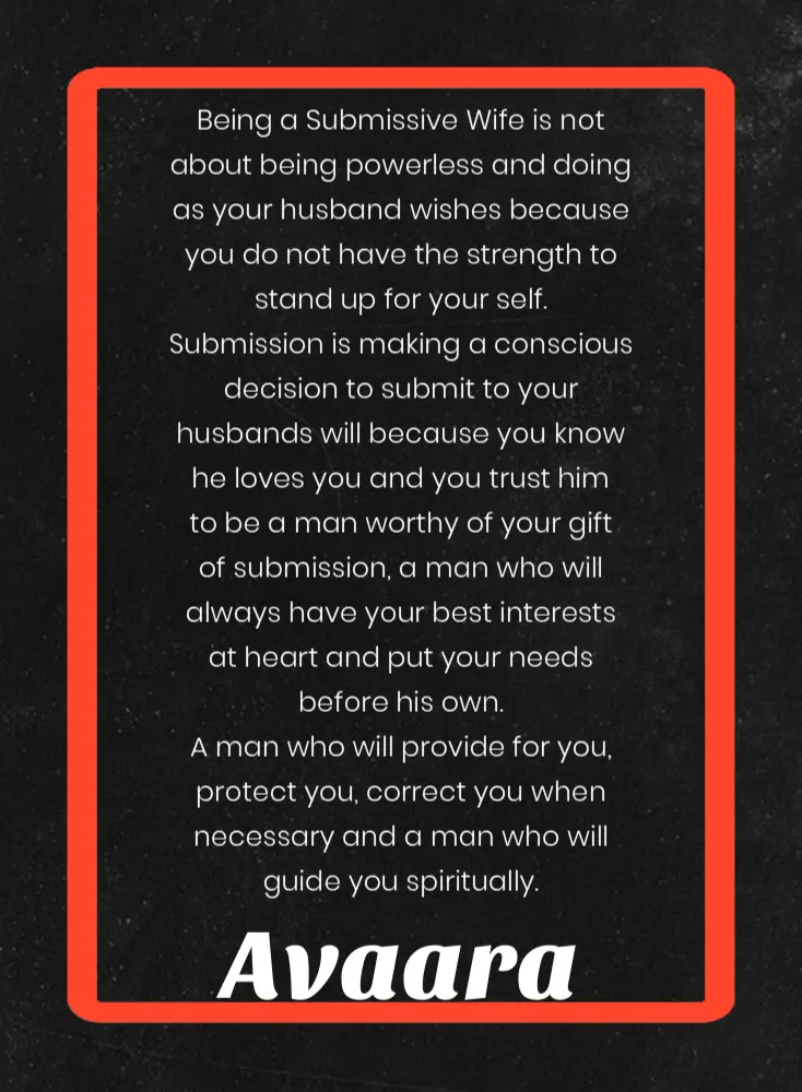 A text-based quote reading 'Being a Submissive Wife is not about being powerless...' attributed to Avaara, presented inside a dark gray box framed by an orange border on a black textured background.