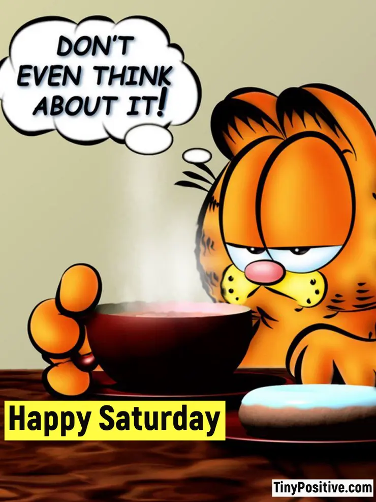 Garfield looking unimpressed while holding a steaming cup of coffee next to a donut, thinking 'DON'T EVEN THINK ABOUT IT!' with a yellow banner reading 'Happy Saturday'.