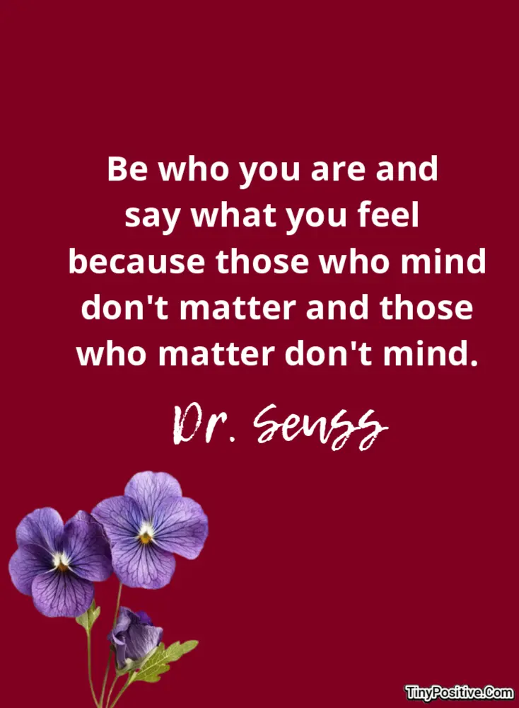 An inspirational quote graphic reading 'Be who you are and say what you feel because those who mind don't matter and those who matter don't mind.' signed by Dr. Seuss on a deep red background with purple pansies.