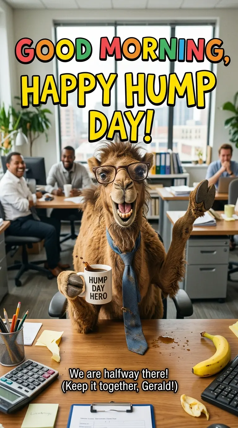A meme featuring an enthusiastic camel wearing glasses and a tie at an office desk, holding a mug reading 'HUMP DAY HERO' with text that reads 'GOOD MORNING, HAPPY HUMP DAY!' and 'We are halfway there! (Keep it together, Gerald!)'