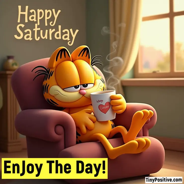 Garfield sitting comfortably in a mauve armchair holding a steaming white mug with a heart, text above reading 'Happy Saturday' and a yellow banner below reading 'EnJoy The Day!'.