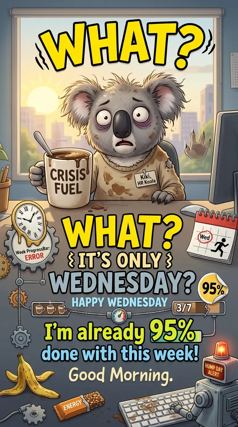 An exhausted koala named Kiki, HR Koala, holding a mug labeled 'CRISIS FUEL' looking shocked at an office desk, with text reading 'WHAT? WHAT? IT'S ONLY WEDNESDAY? HAPPY WEDNESDAY I'm already 95% done with this week! Good Morning.'
