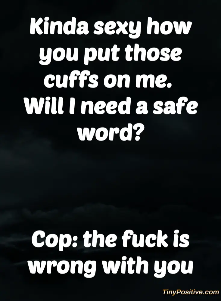 A text-based meme over a dark background reading 'Kinda sexy how you put those cuffs on me. Will I need a safe word?' followed by 'Cop: the fuck is wrong with you'.