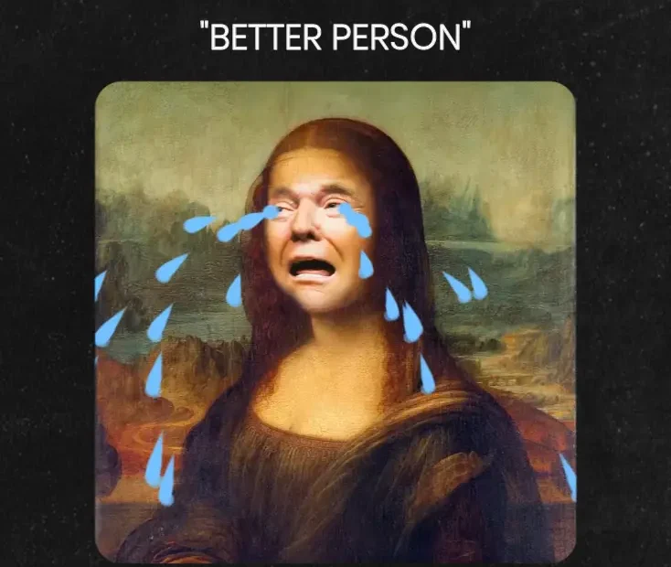 A meme showing a modified Mona Lisa with Donald Trump's crying face overlaid with animated blue tear graphics, framed by text about submissive marriage and independence. Oh So By Being Submissive It Helps Your Husband Become A Better Person Meme