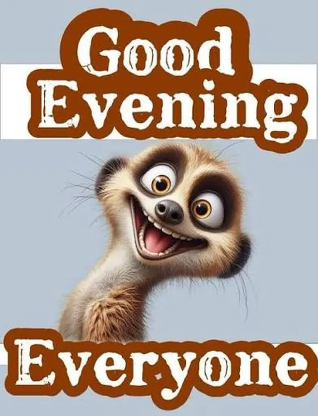 A funny and cheerful evening greeting featuring a wide-eyed, grinning animated meerkat. Bold white text with a brown border reads 'Good Evening' at the top and 'EVERYONE' at the bottom against a muted blue-gray background.