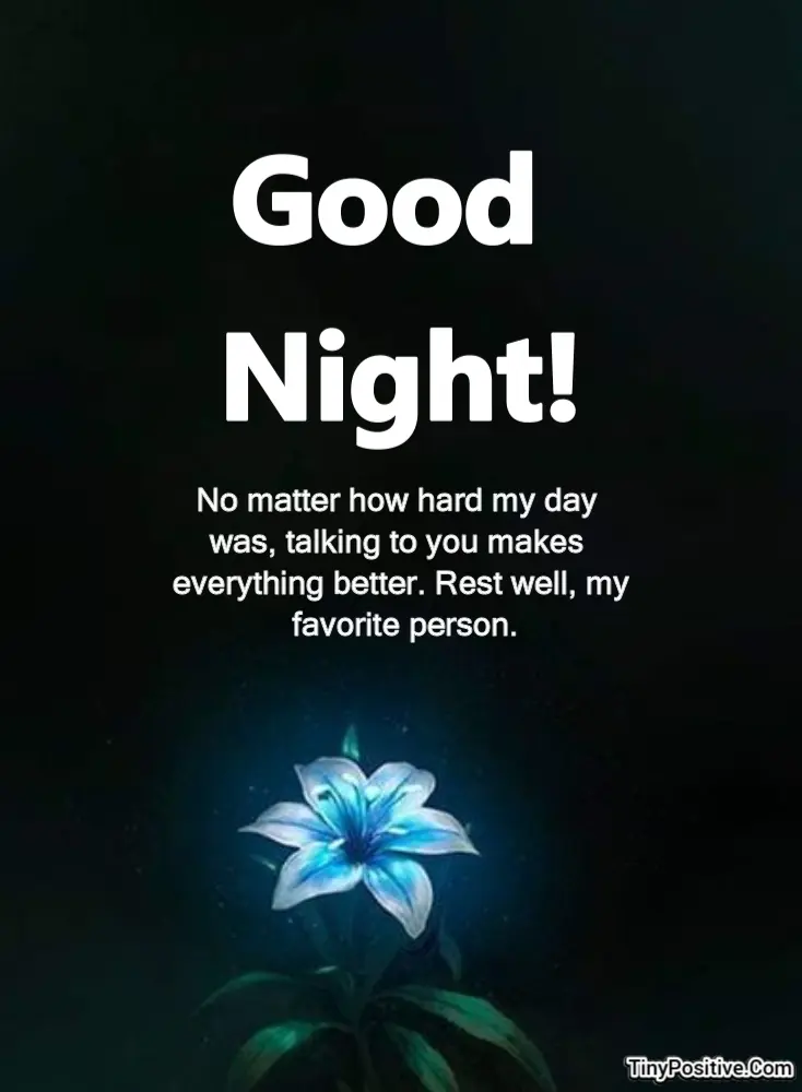A comforting good night quote card set against a dark, starry background. White text reads: Good Night! No matter how hard my day was, talking to you makes everything better. Rest well, my favorite person. At the bottom, a single, beautifully lit, glowing blue lily flower is depicted, with the TinyPositive.com watermark on the bottom right.