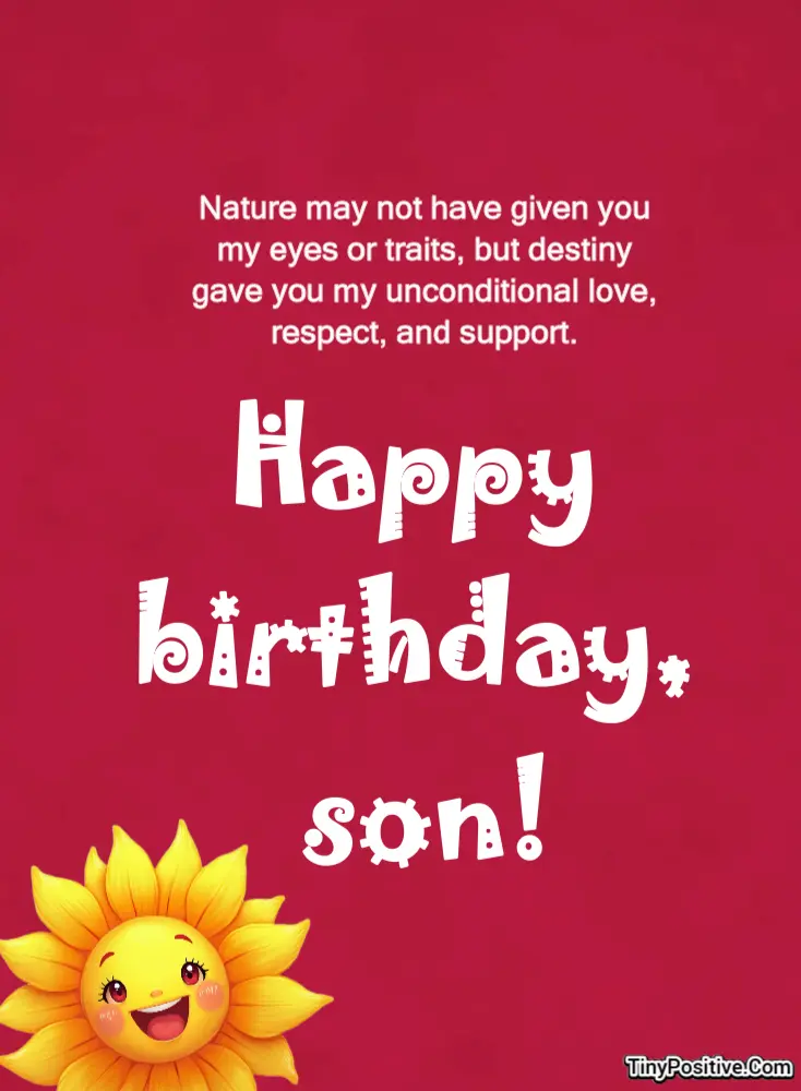 A deep red birthday card featuring a sentimental message for a son, bold white whimsical lettering reading Happy birthday, son!, a smiling cartoon sunflower at the bottom left, and TinyPositive.Com watermark at the bottom right.