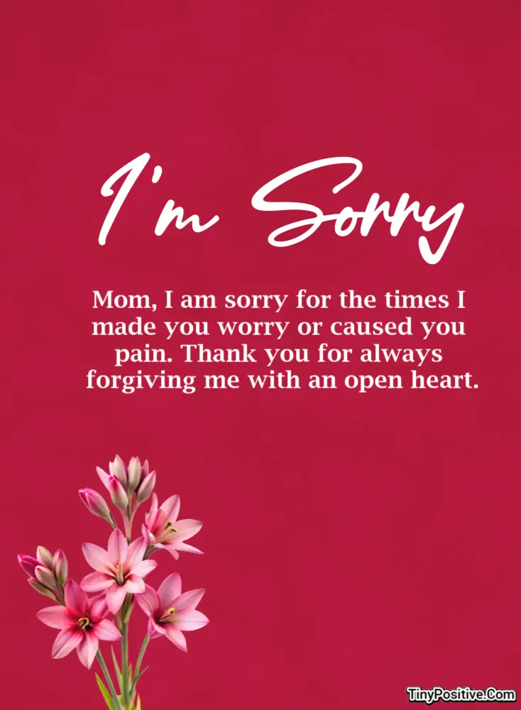 An apology card for mom featuring a script heading 'I'm Sorry' and the text 'Mom, I am sorry for the times I made you worry or caused you pain. Thank you for always forgiving me with an open heart.' on a deep magenta-red background with pink lilies.