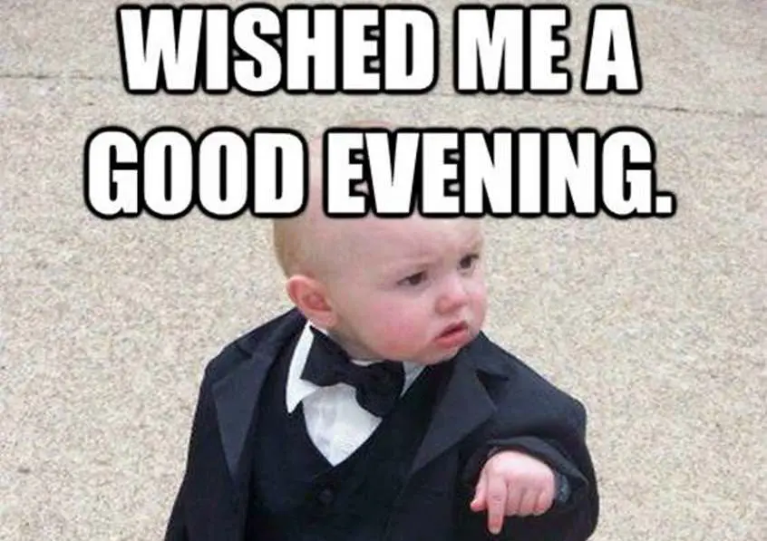 A classic meme featuring a toddler wearing a black suit and bow tie with a serious, boss-like expression, pointing downward. Bold white impact font text at the top reads 'WISHED ME A GOOD EVENING. Wished Me A Good Evening Baby Suit Meme