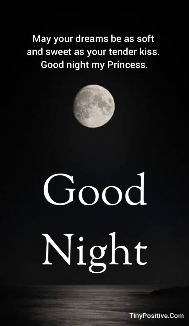 A comforting good night quote card set against a dark night sky with a warm, large full moon above a silhouette of a pine forest. Large white text at the top reads: Good Night followed by a poem: May your dreams be as soft and sweet as your tender kiss. Good night my Princess. In the lower center, a large white handwritten script reads Good Night with the TinyPositive.Com watermark at the bottom right.